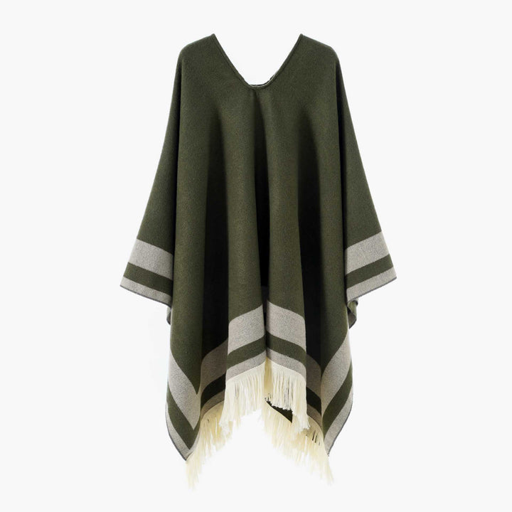 Damen Oversize Poncho-Cape mit V-Ausschnitt und Fransensaum – Avérine