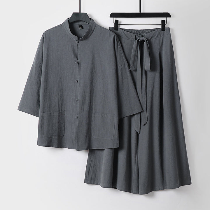 Damen Zweiteiliges Leichtes Lounge-Set mit Stehkragen, Kurzarm-Jacke und weitem Palazzo-Hosenrock Echoarchiv