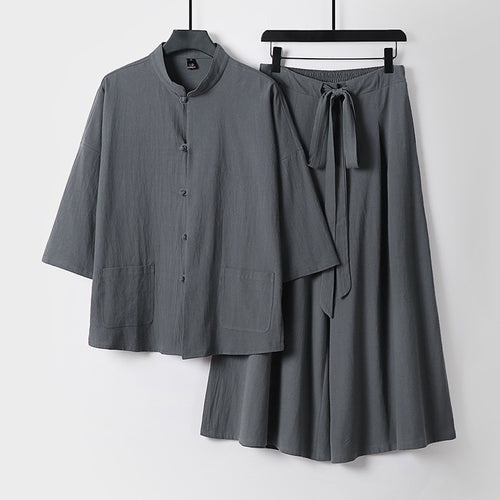 Damen Zweiteiliges Leichtes Lounge-Set mit Stehkragen, Kurzarm-Jacke und weitem Palazzo-Hosenrock Echoarchiv