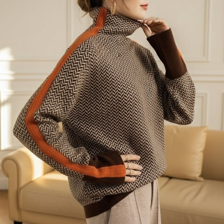 Damen Feinstrickpullover mit geometrischem Jacquardmuster, Stehkragen und Kontrastband – Mavelle
