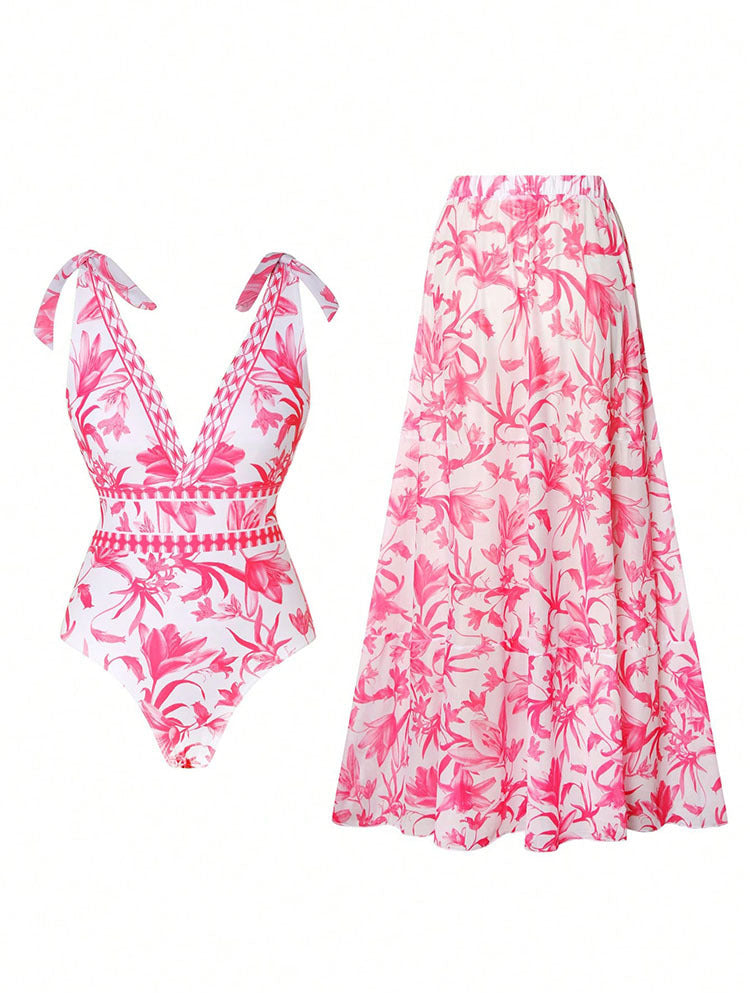 Damen Badeanzug-Set mit floralem Design und passendem Rock Echo Archiv