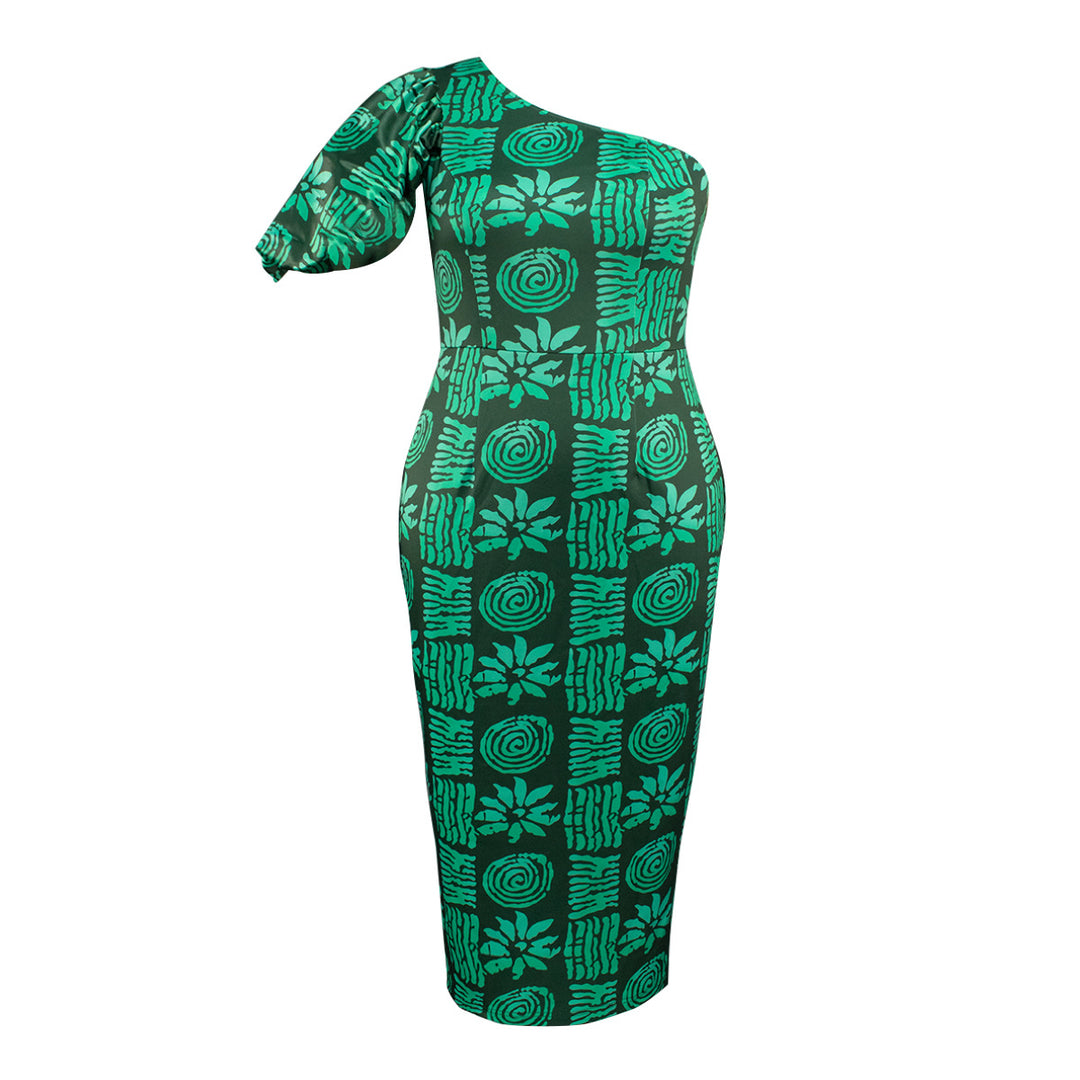 Damen asymmetrisches Maxi-Kleid mit einzigartigem Muster und voluminösem Puffärmel Echo Archiv