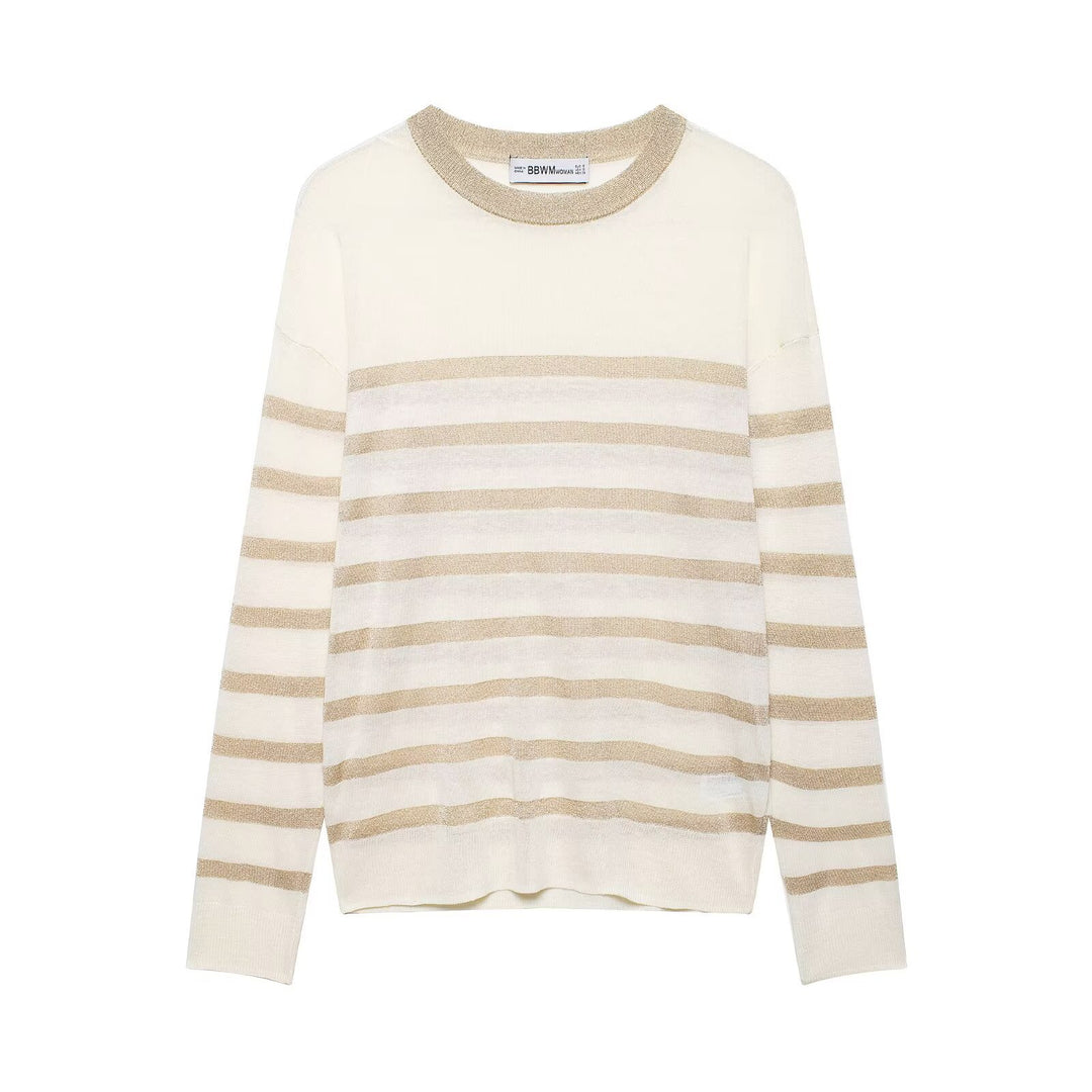 Damen Leichter gestreifter Feinstrickpullover mit Metallic‑Streifen und Rundhalsausschnitt Echo Archiv