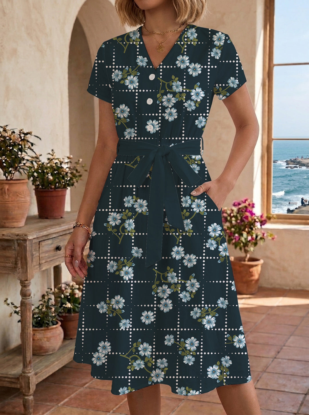Damen Midikleid mit floralem Muster und Taillengürtel Echo Archiv