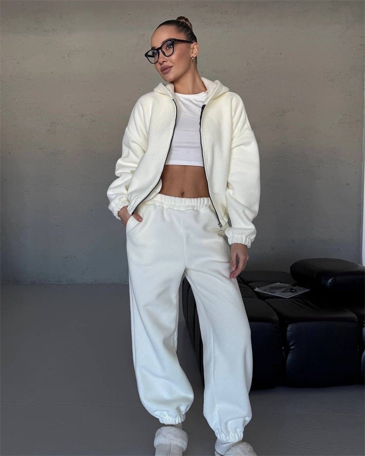 Damen kuscheliges Fleece-Hoodie und Jogginghose Lounge-Set mit Reißverschluss Kapuze elastischem Bund – Auréline