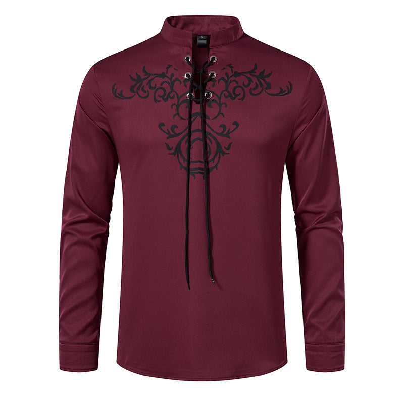 Herren Langarmshirt im asiatischen Stil mit kunstvollem Schnürungsdesign und modernen Akzenten Echoarchiv