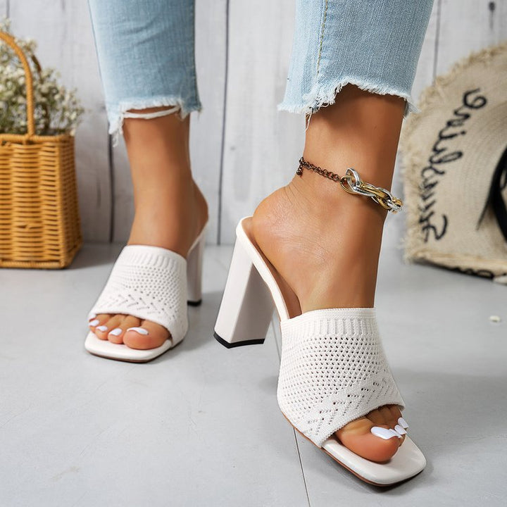 Damen nan gestrickte Sommermule mit niedrigem Blockabsatz und quadratischer Zehenform Echo Archiv
