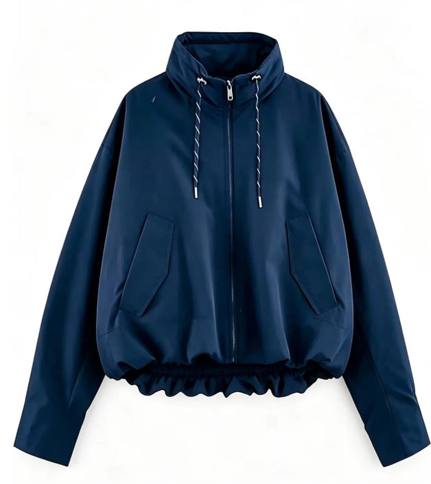 Damen Oversize Cropped Kapuzenjacke mit durchgehendem Reißverschluss, Kordelzug und gerafftem Saum Echo Archiv