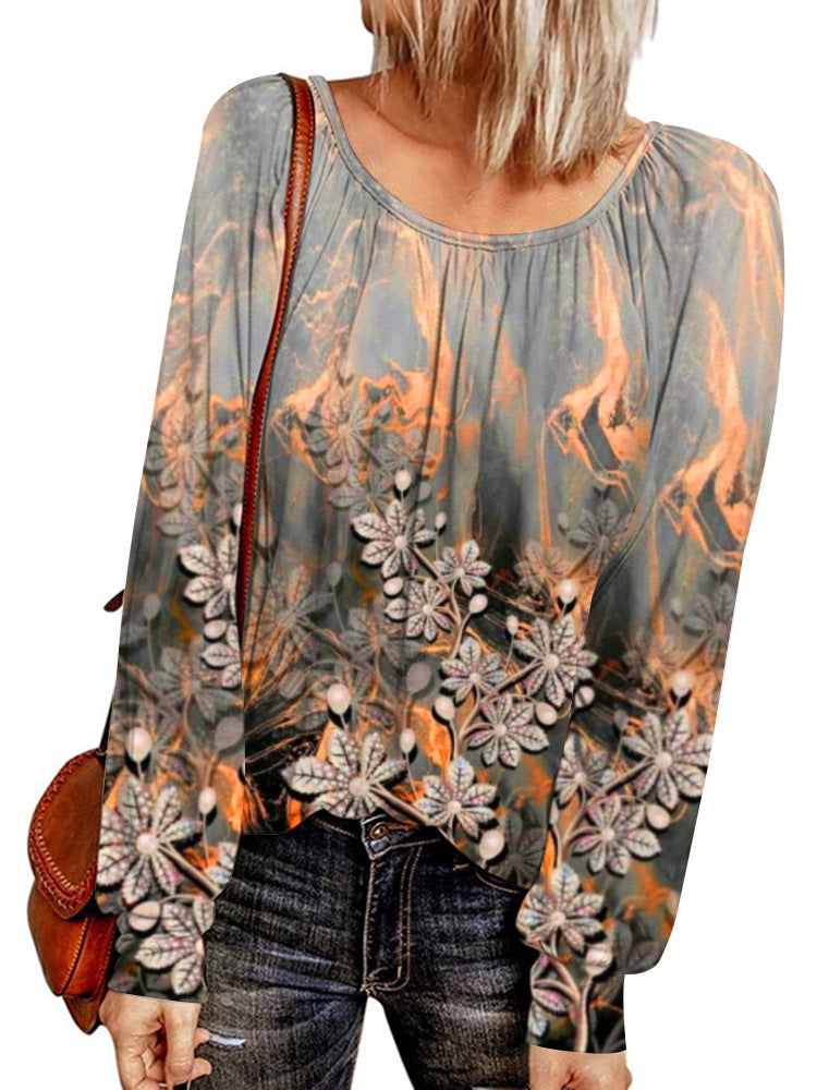 Damen Ethno-Print Oversize-Tunika mit Rundhalsausschnitt und langen Ballonärmeln – Avérine