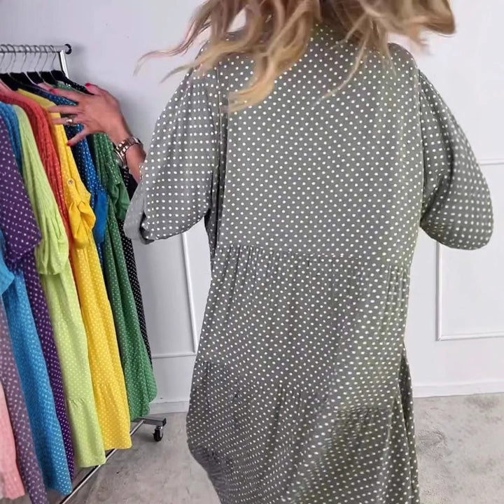 Damen nan leichtes fließendes Midikleid mit Pünktchenmuster, Stufenrock und krempelbaren Ärmeln Echo Archiv