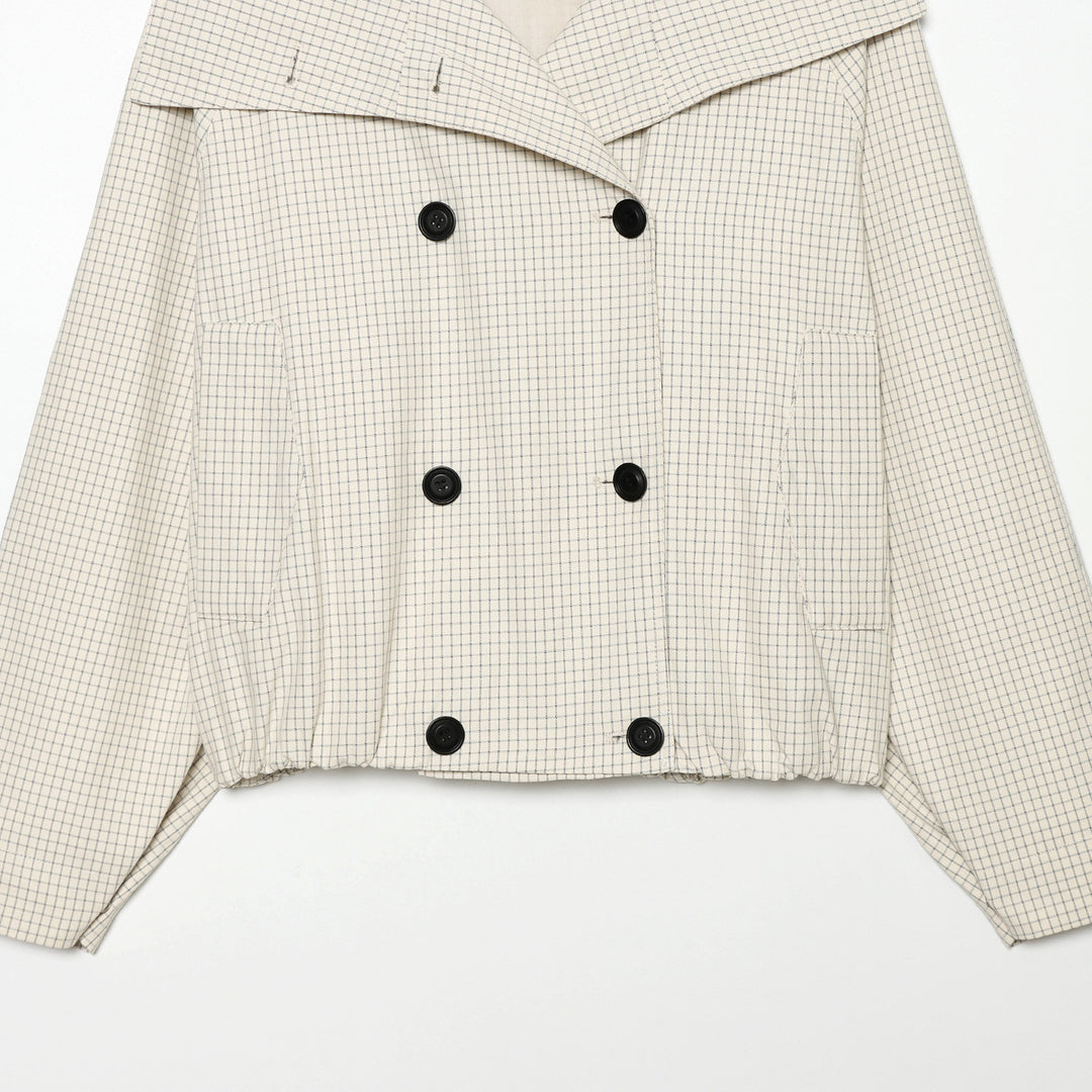 Damen Cropped Kurztrenchjacke mit weitem Schalkragen, Karo‑Gitterprint und elastischem Saum Echoarchiv