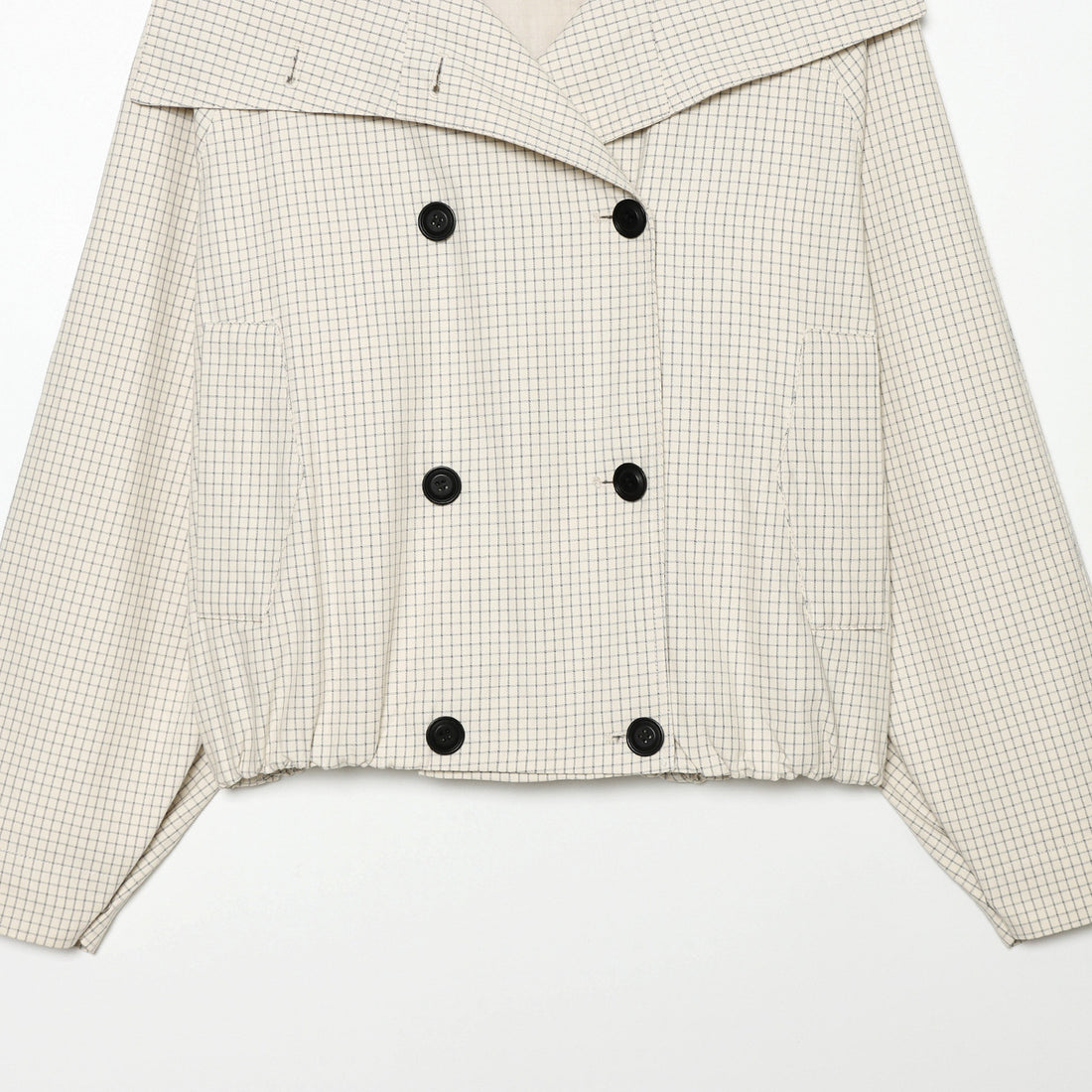 Damen Cropped Kurztrenchjacke mit weitem Schalkragen, Karo‑Gitterprint und elastischem Saum Echoarchiv