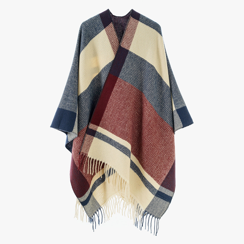 Damen Wollmix-Capeponcho mit V‑Ausschnitt, Blockstreifen und Fransen – Avérine