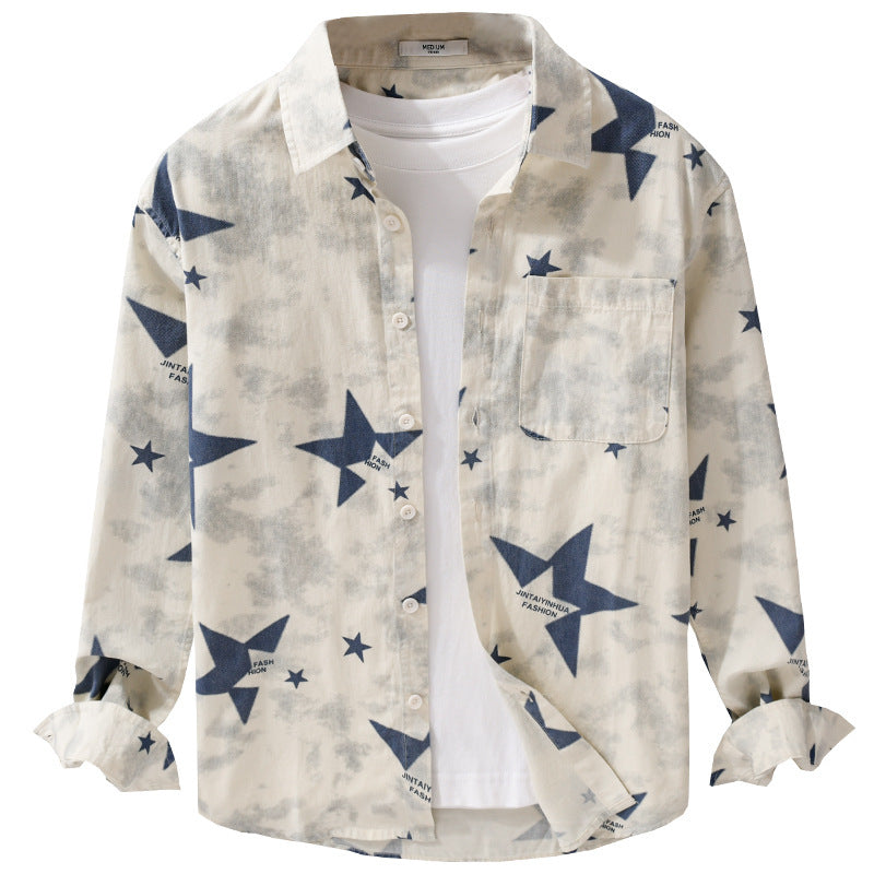 Herren Lockeres Baumwoll-Blend Overshirt mit Stern-Print und Brusttasche Echoarchiv