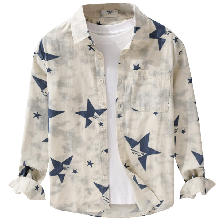 Herren Lockeres Baumwoll-Blend Overshirt mit Stern-Print und Brusttasche Echoarchiv