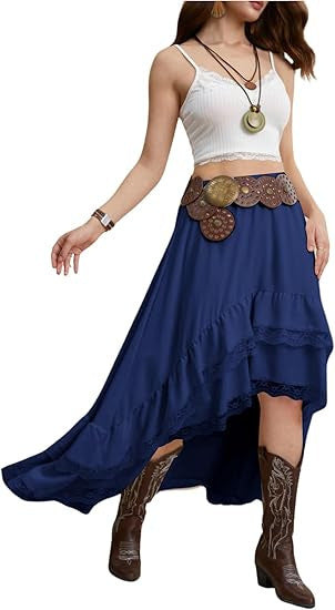Damen Boho Maxi-Rock mit asymmetrischem Saum und Spitzenverzierungen Echo Archiv