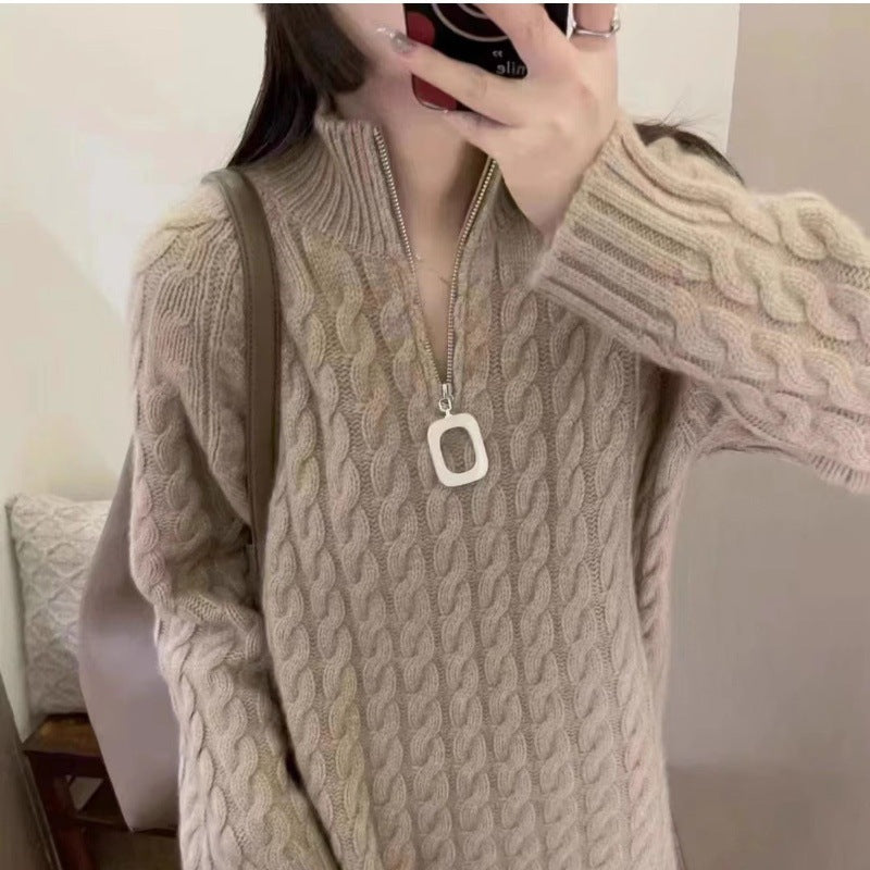 Damen Oversize Zopfmuster-Feinstrickpullover mit halbem Zipper und Stehkragen Echoarchiv