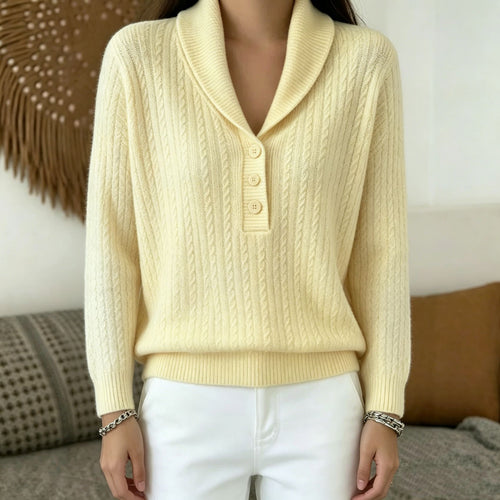 Damen Strickpullover mit Schalkragen, Zopfmuster und Knopfleiste – Mavelle