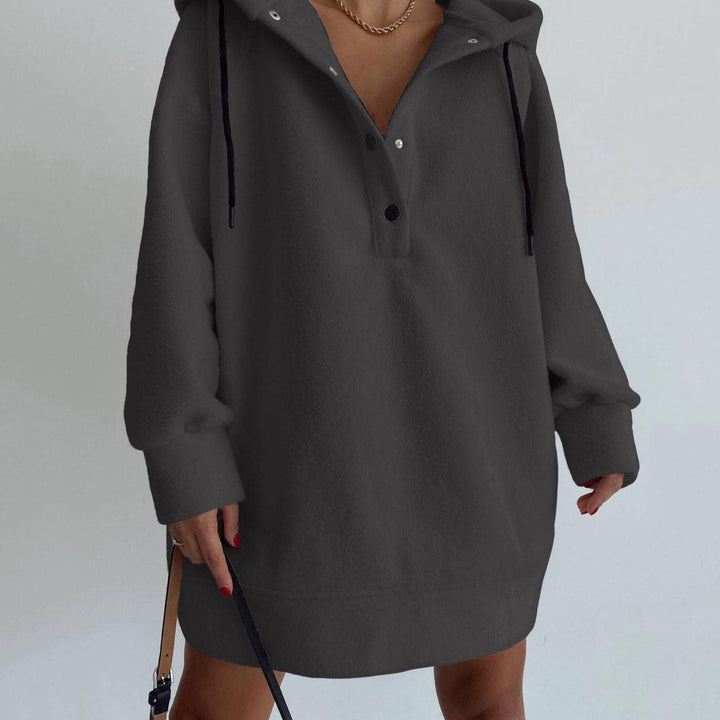 Damen nan kuscheliges Kapuzen-Fleece-Tunika-Sweatshirt mit Druckknopfleiste und überschnittener Schulter Echo Archiv