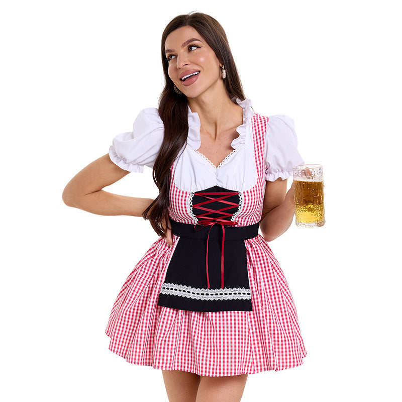 Damen nan kurzes kariertes Trachten Dirndl mit Schnürung Puffärmel und Schürze Echo Archiv