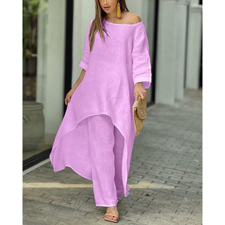 Damen Leichtes Leinen-Zweiteiler mit asymmetrischer High-Low-Tunika und weiter Palazzo-Hose Echo Archiv