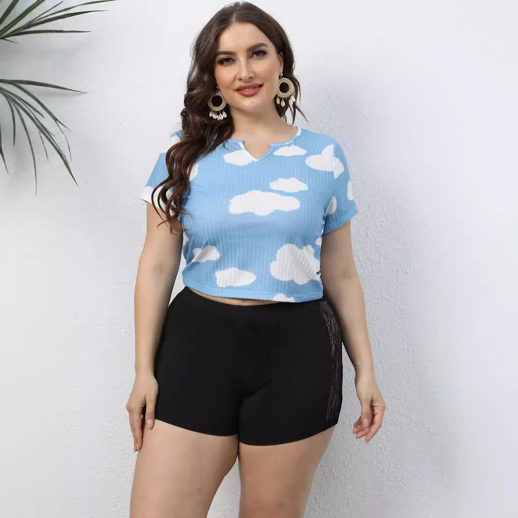 Damen lässiges Cropped T-Shirt mit Wolkenmuster Echo Archiv