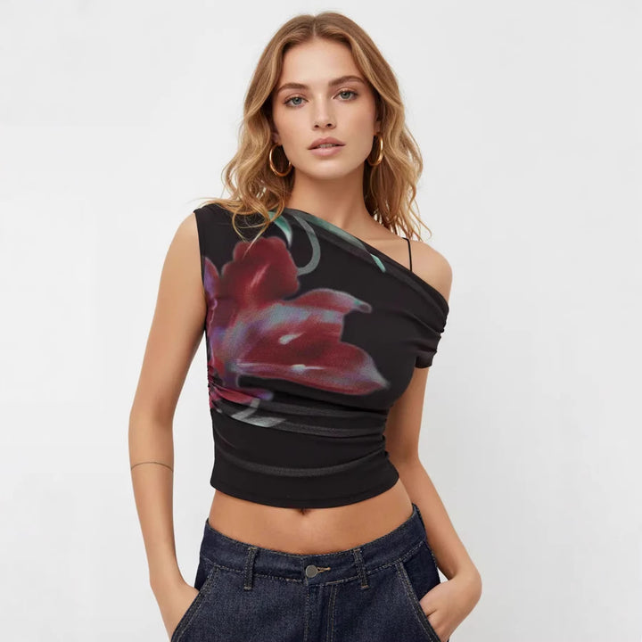 Damen Off-Shoulder Top mit floralem Design und Raffung Echo Archiv