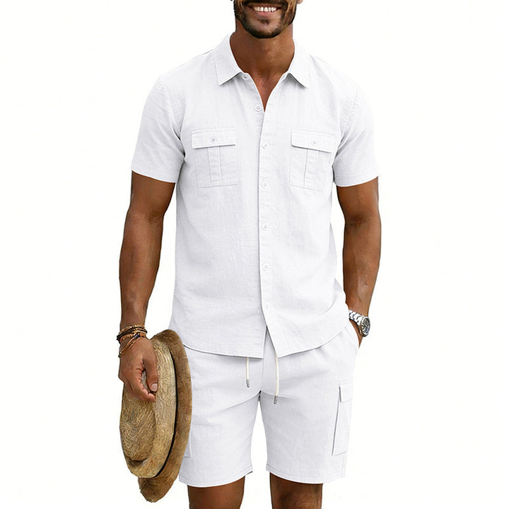Herren nan sommerliches Freizeitset aus Baumwoll-Leinenmix mit Kurzarm-Hemd und Cargo-Shorts Echo Archiv