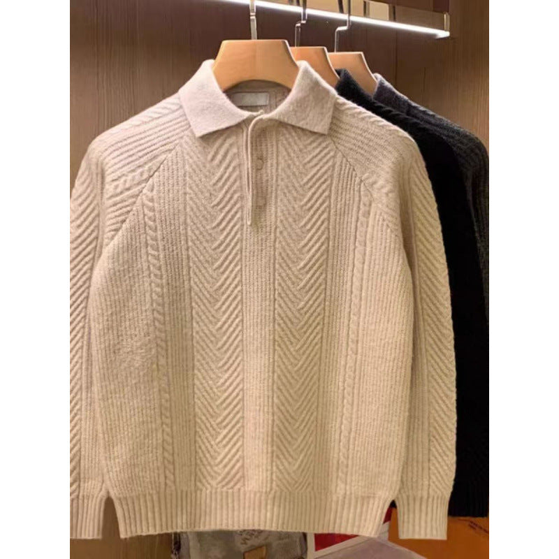 Herren Feinstrick-Polopullover mit halber Knopfleiste und Zopfmuster Echoarchiv