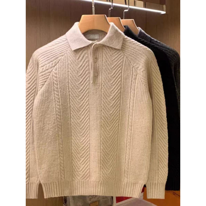 Herren Feinstrick-Polopullover mit halber Knopfleiste und Zopfmuster Echoarchiv