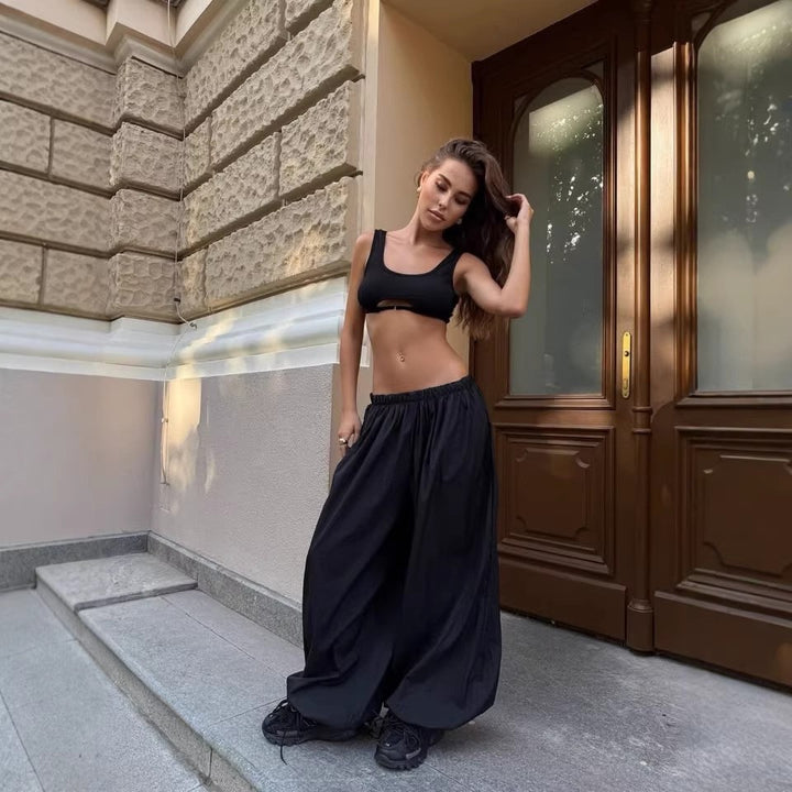 Damen weit geschnittene High-Waist Palazzo-Hose mit elastischem Bund und fließender Sommerqualität – Avélisse