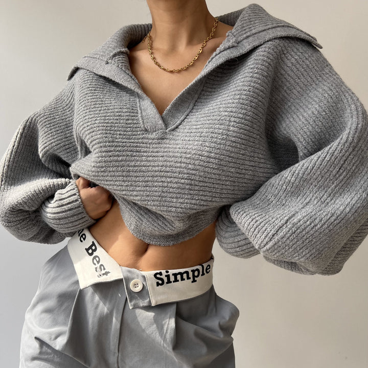 Damen nan Grobstrick-Pullover mit weitem Kragen und V-Ausschnitt Echo Archiv