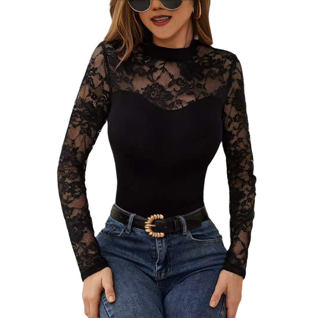 Damen Elegantes Longsleeve-Oberteil mit romantischer Spitze Echoarchiv