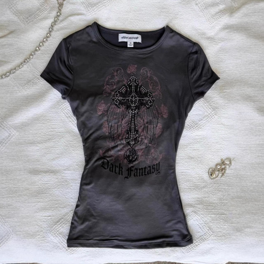Damen T-Shirt mit funkelndem Grafikkreuz und floralem Design Echo Archiv