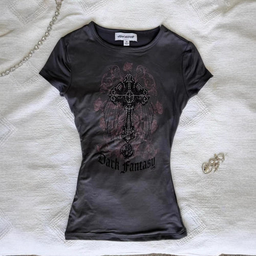 Damen T-Shirt mit funkelndem Grafikkreuz und floralem Design Echo Archiv