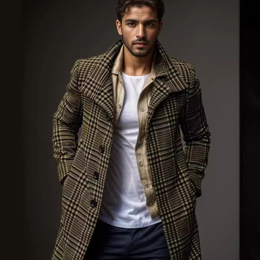 Herren eleganter Karomantel mit großflächigen Taschen und hohem Kragen Echoarchiv