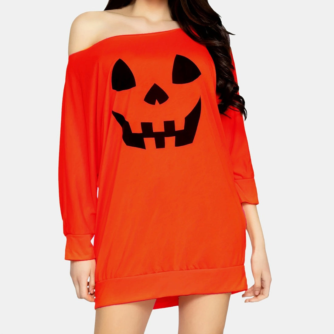 Damen Oversize Off-Shoulder Strickpullover mit Halloween-Kürbismotiv Echo Archiv