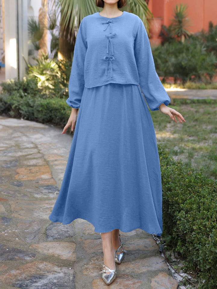 Damen Langes Zweiteiliges Maxikleid mit Überwurf, Rundhals und Zierknoten – Valéora