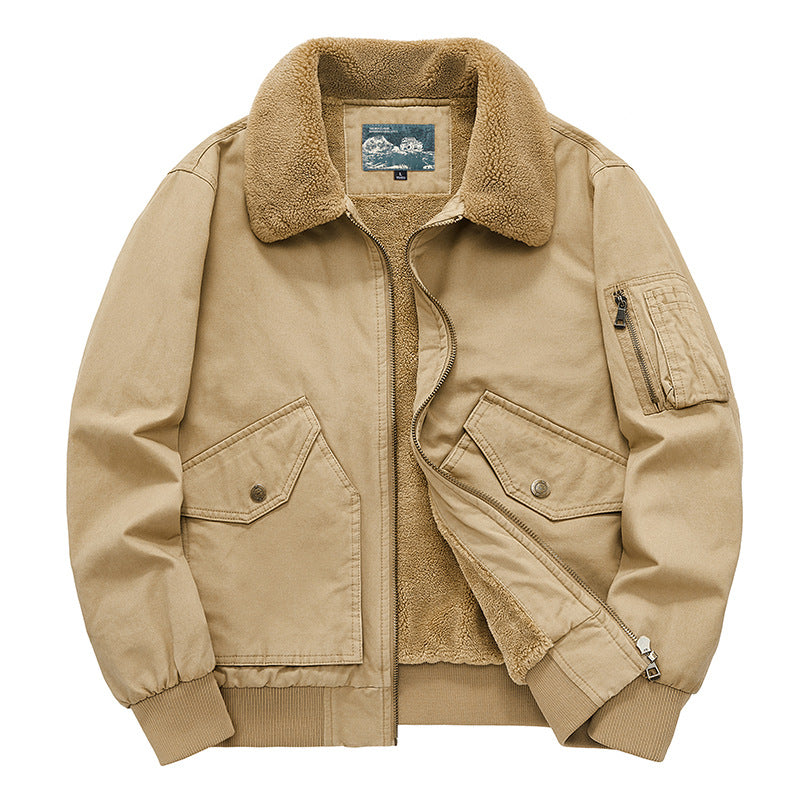 Men's sherpa-lined cotton canvas aviator jacket with zip sleeve pocket – Taviero
