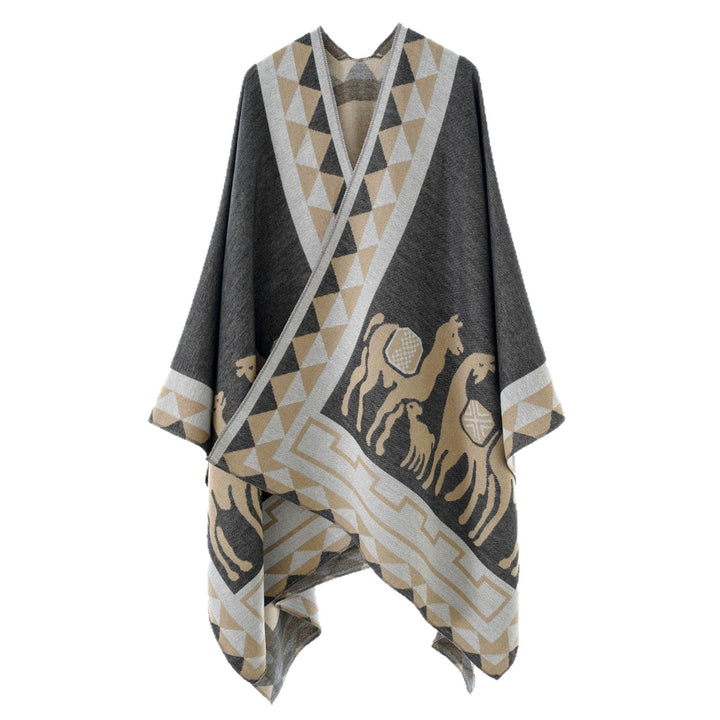 Damen Wolloptik-Poncho im Überwurfstil mit grafischem Reiter-Jacquard – Avérine