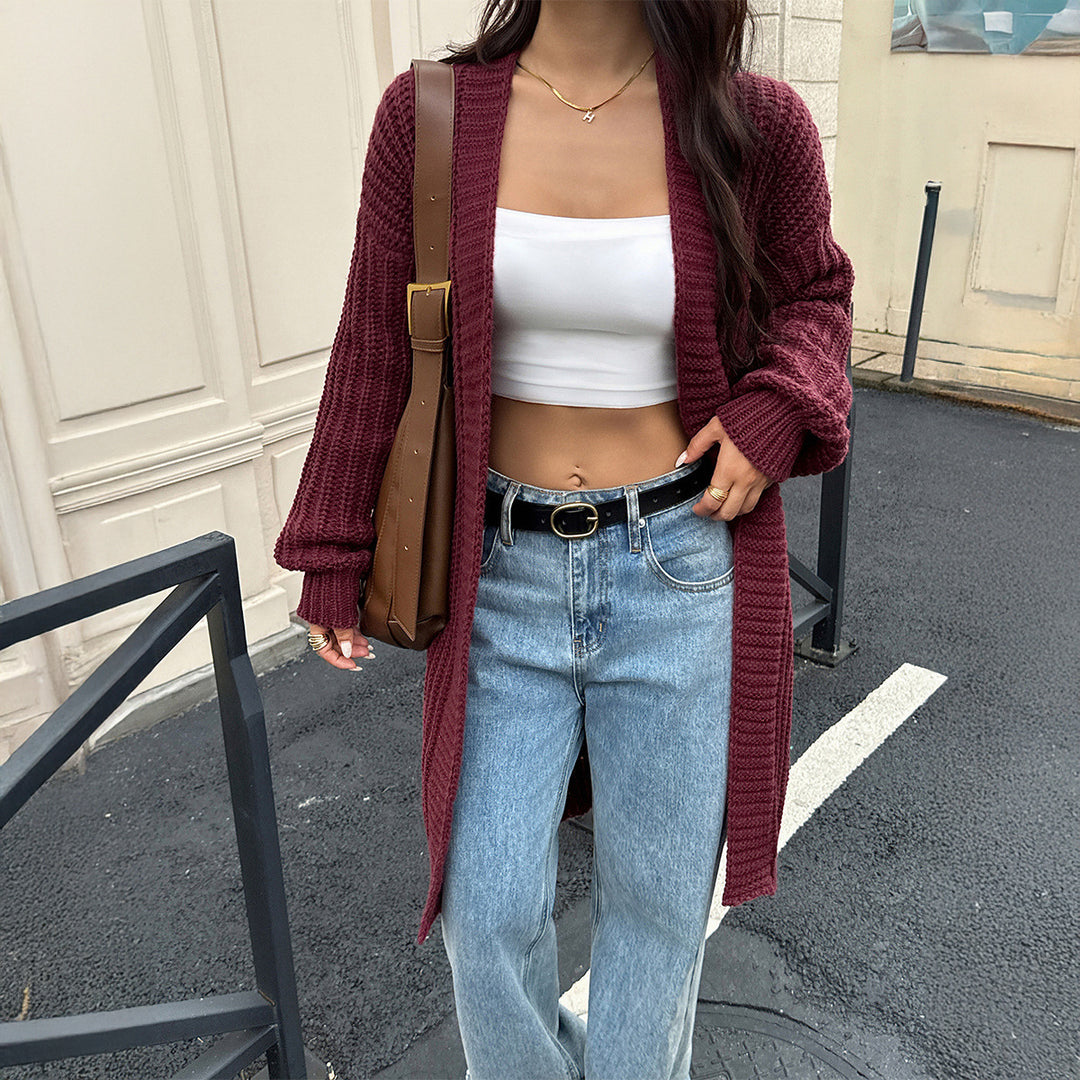 Damen lange Grobstrick-Cardigan mit offener Front und Ballonärmeln – Veloura