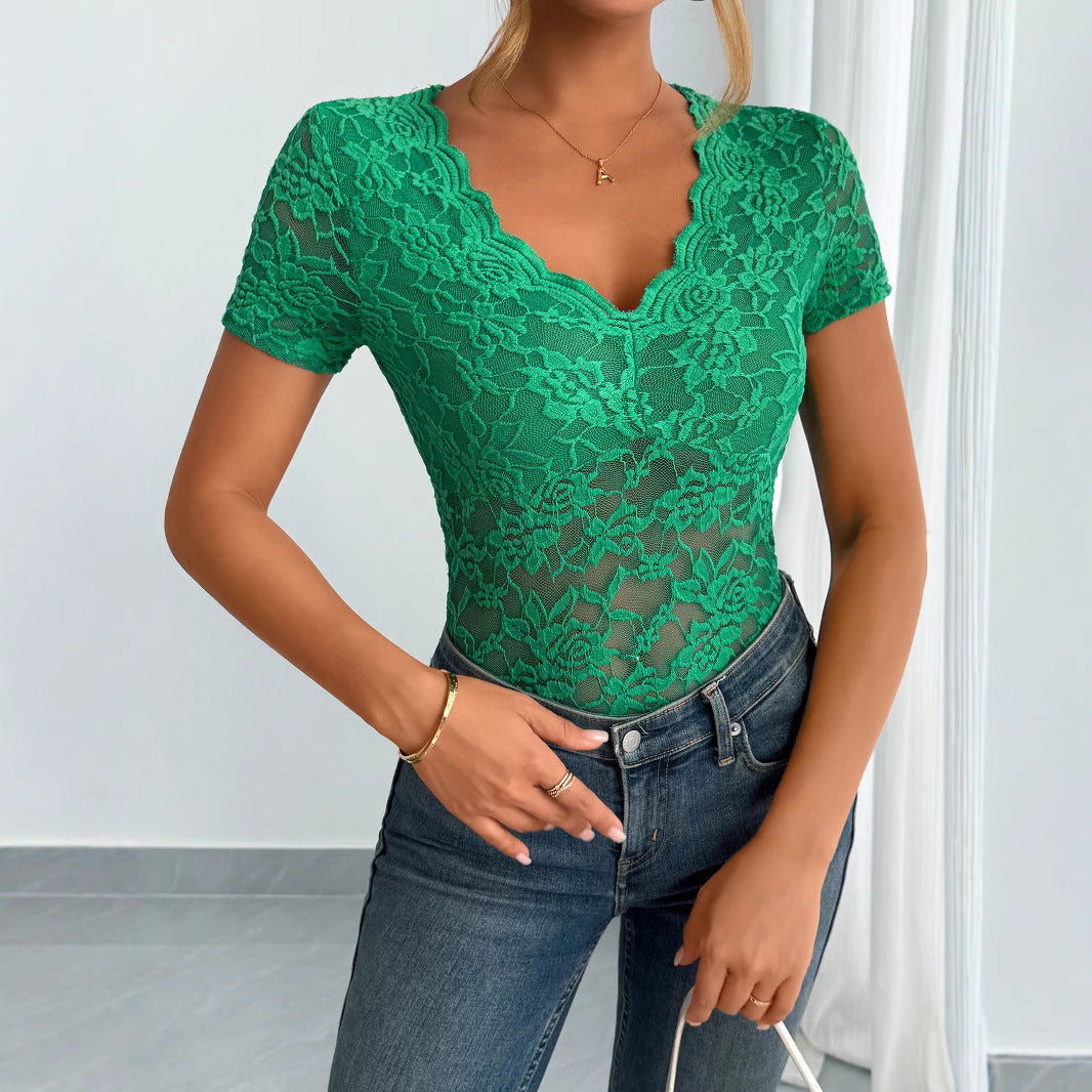 Damen Einfarbig Sexy Spitze V-Ausschnitt Kurzarm – Avérine