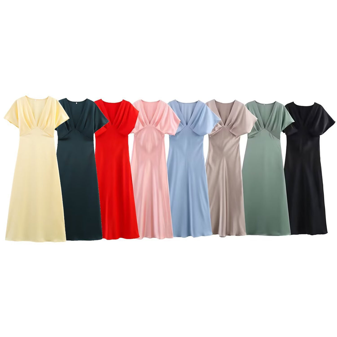 Damen Maxikleid mit elegantem V-Ausschnitt und fließendem Satin-Material Echo Archiv