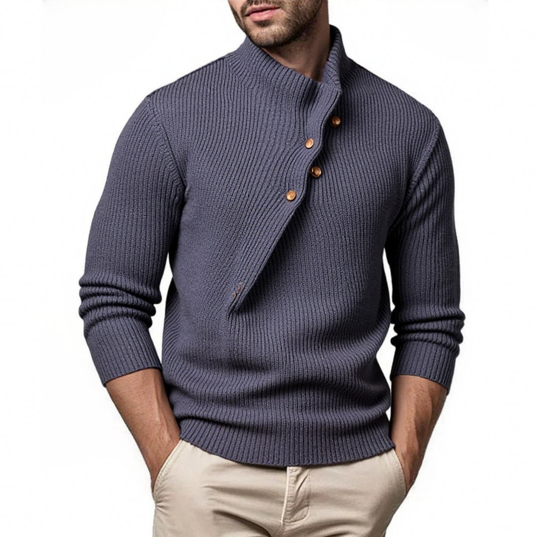 Herren modischer Strickpullover mit Stehkragen und asymmetrischer Knopfleiste Echoarchiv