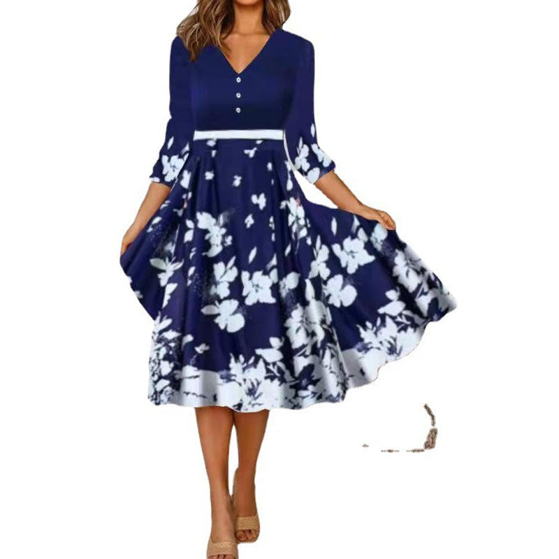 Damen V-Ausschnitt Midi-Kleid mit fließendem Rock und floralem Ärmeldesign Echoarchiv