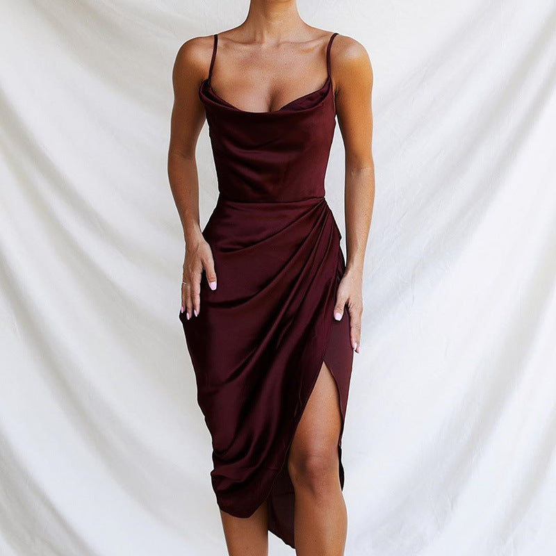 Damen Elegantes und figurbetontes Satin-Cocktailkleid mit hohem Schlitz Echoarchiv