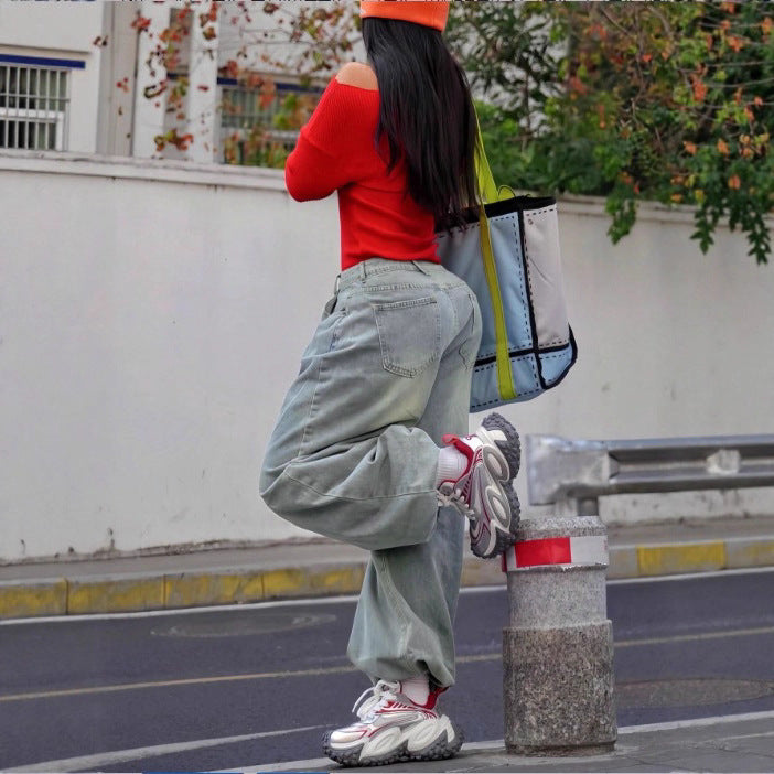Damen weite High‑Waist Baggy-Jeans mit tiefem Schritt und Vintage-Waschung Echo Archiv