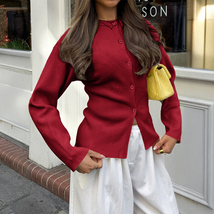 Damen taillierte Strickjacke mit asymmetrischer Knopfleiste und Rundhalsausschnitt – Veloura