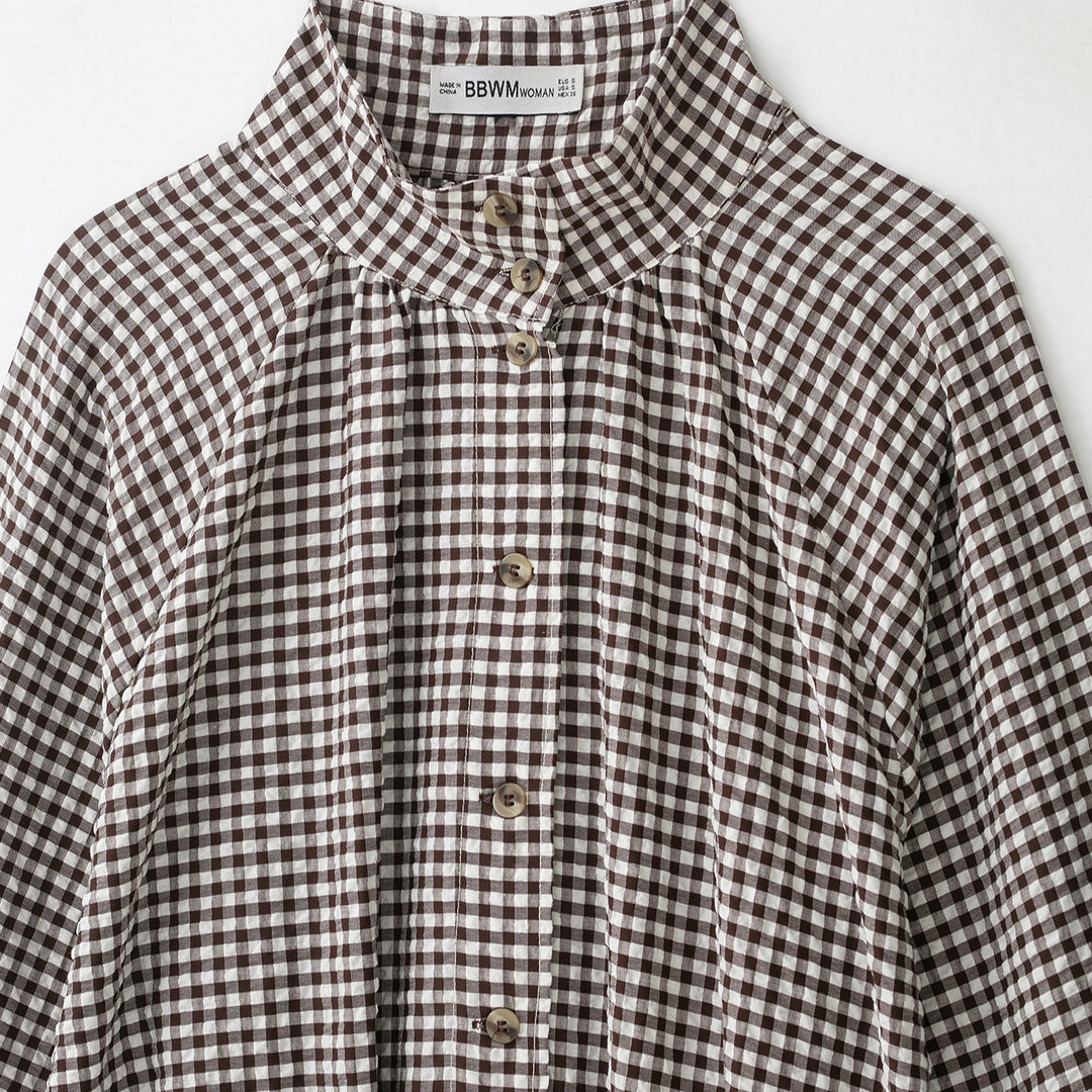 Damen Karo-Bluse mit Stehkragen, Knopfleiste und Tunnelzug-Saum Echoarchiv