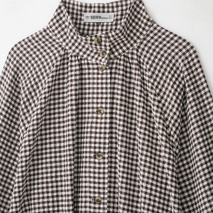 Damen Karo-Bluse mit Stehkragen, Knopfleiste und Tunnelzug-Saum Echoarchiv